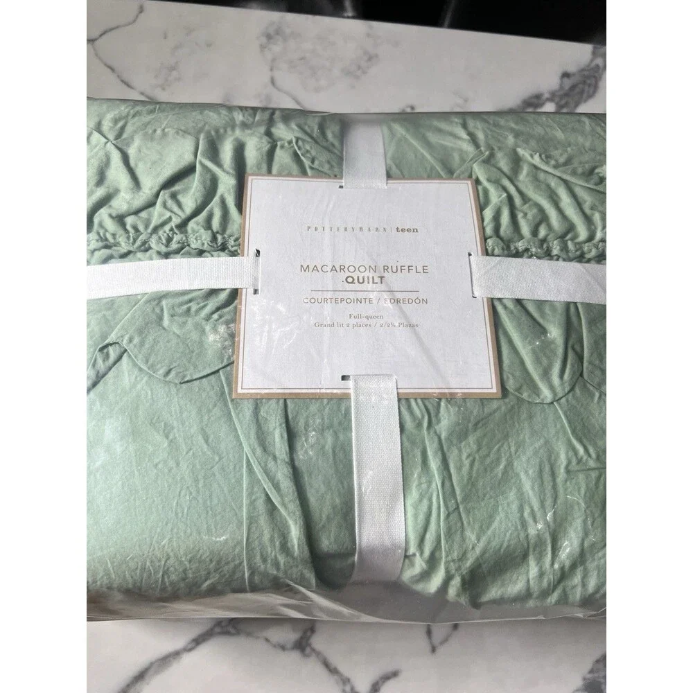 NEW Pottery Barn Teen full Queen Macaroon Ruffle Quilt & 2 standard shams Green